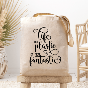 Medžiaginis maišelis su spauda „Plastic not fantastic“