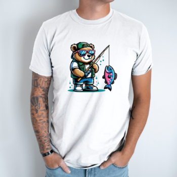 Unisex marškinėliai su spauda „Meškinas žvejoja“
