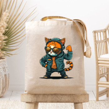 Medžiaginis maišelis su spauda „Katinas su ausinėmis“
