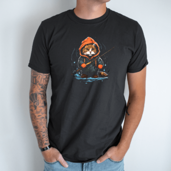 Unisex marškinėliai su spauda „Katinas žvejoja su kapišonu“