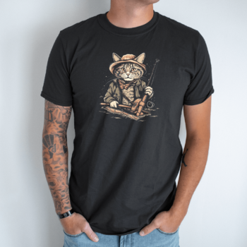 Unisex marškinėliai su spauda „Katinas žvejoja valtyje“