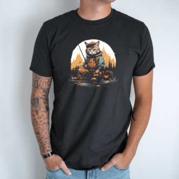Unisex marškinėliai su spauda „Katinas žvejoja miške“