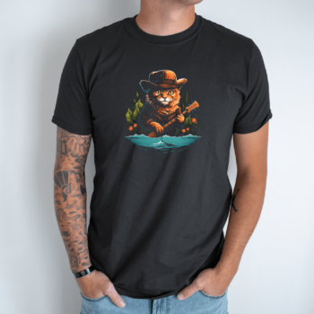 Unisex marškinėliai su spauda „Katinas žvejoja lapuose“