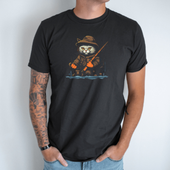 Unisex marškinėliai su spauda „Katinas žvejoja su meškere“