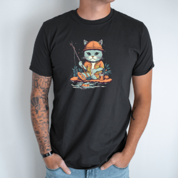 Unisex marškinėliai su spauda „Katinas žvejoja žuvį“