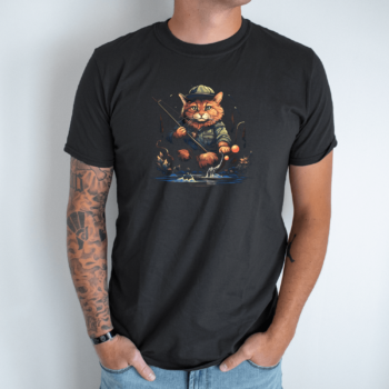 Unisex marškinėliai su spauda „Katinas žvejoja su kepure“