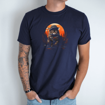 Unisex marškinėliai su spauda „Katinas žvejoja saulėlydyje“
