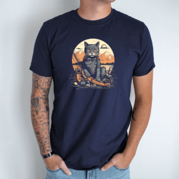 Unisex marškinėliai su spauda „Katinas žvejoja kalnuose“