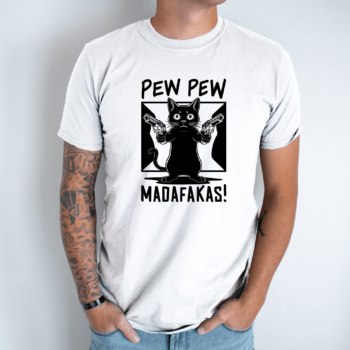 Unisex marškinėliai su spauda „Pew pew katinėlis“