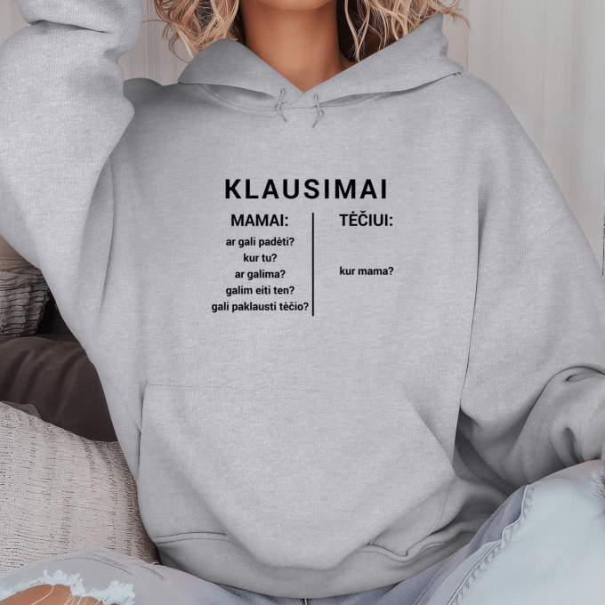 Unisex džemperis su spauda „Klausimai mamai“