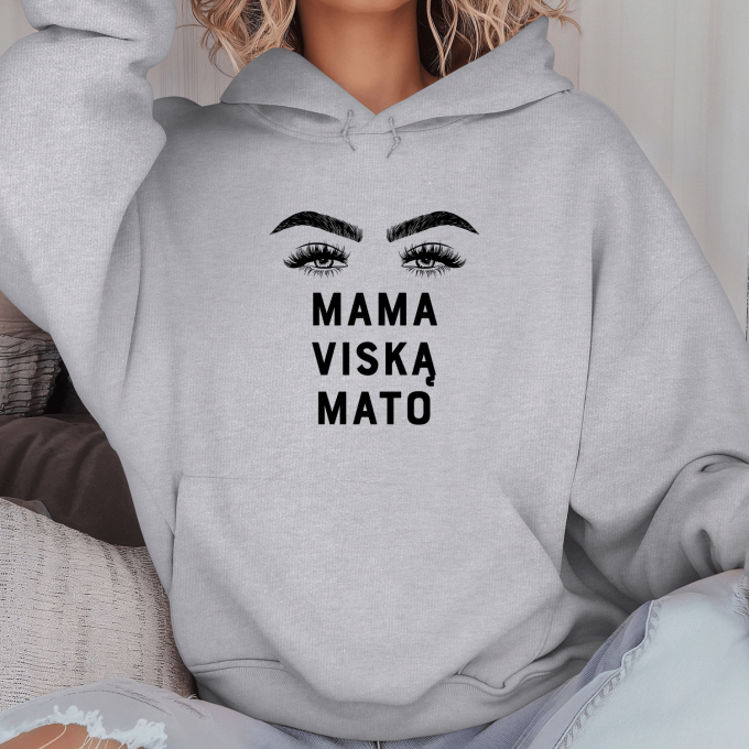 Unisex džemperis su spauda „Mama viską mato“