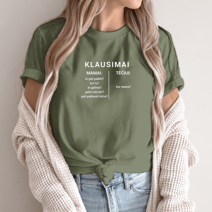 Unisex marškinėliai su spauda „Klausimai mamai“ - Image 2